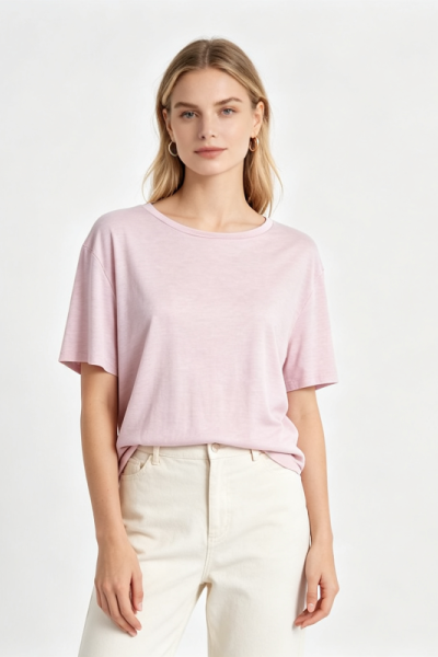 Women Heather Pink Crew Neck Short Sleeve Loose Blend Basic Casual T Shirt Daily Soft