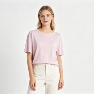 Women Heather Pink Crew Neck Short Sleeve Loose Blend Basic Casual T Shirt Daily Soft
