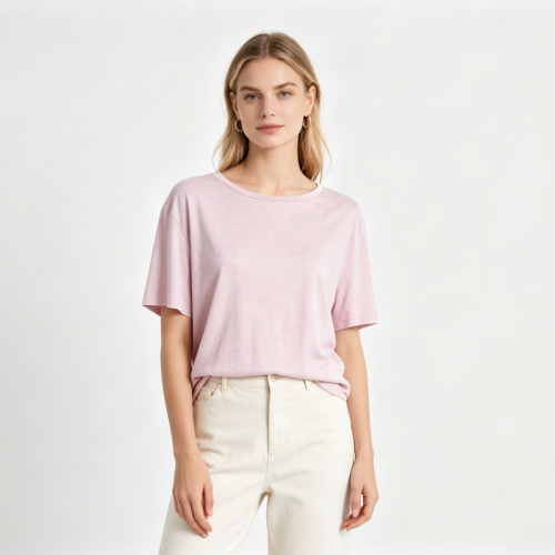Women Heather Pink Crew Neck Short Sleeve Loose Blend Basic Casual T Shirt Daily Soft