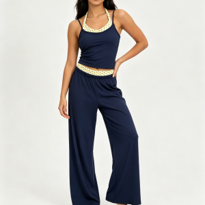 Women Yoga Set Halter Layered Camisole Crop Top Contrast Stripe Waistband Wide Leg Loose Pants
