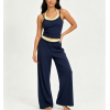 Women Yoga Set Halter Layered Camisole Crop Top Contrast Stripe Waistband Wide Leg Loose Pants