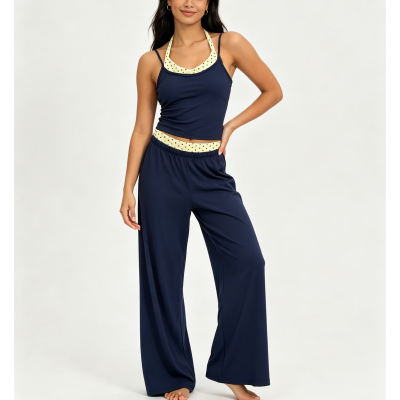 Women Yoga Set Halter Layered Camisole Crop Top Contrast Stripe Waistband Wide Leg Loose Pants