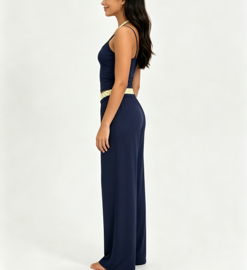Women Yoga Set Halter Layered Camisole Crop Top Contrast Stripe Waistband Wide Leg Loose Pants