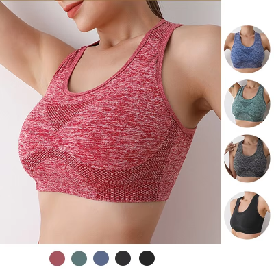Women Seamless Marled Push Up Sports Bra, Breathable Racerback Workout Crop Top, Shockproof Gym Running Yoga Fitness Underwear
