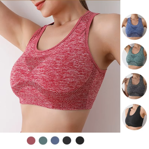 Women Seamless Marled Push Up Sports Bra, Breathable Racerback Workout Crop Top, Shockproof Gym Running Yoga Fitness Underwear