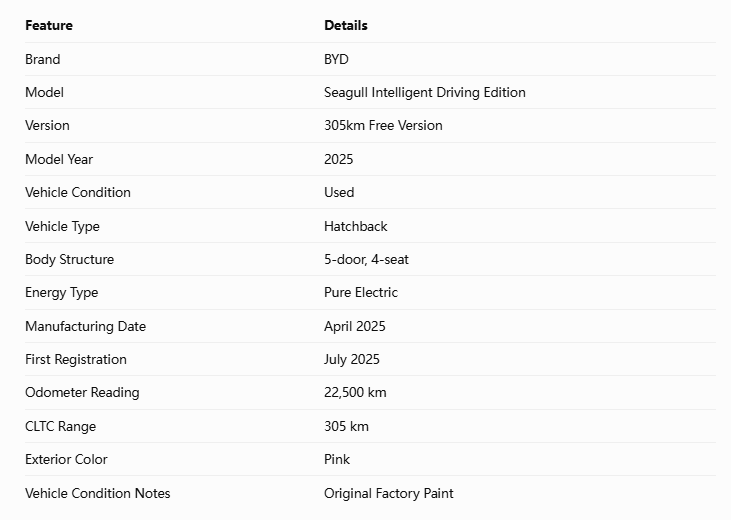 Basic Parameters of 2025 BYD Seagull Intelligent Driving Edition 305km Free Version