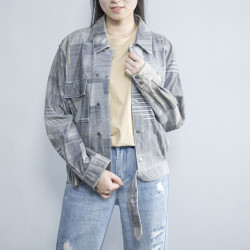 Fashional Vintage Genuine Leather Jacket Womens | Real Leather Sheep Denim Look Printing Jacket
