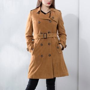 Trench coat duede marrone OEM da donna da donna|Giacca in pelle scamosciata|Trench coat marrone personalizzato da donna