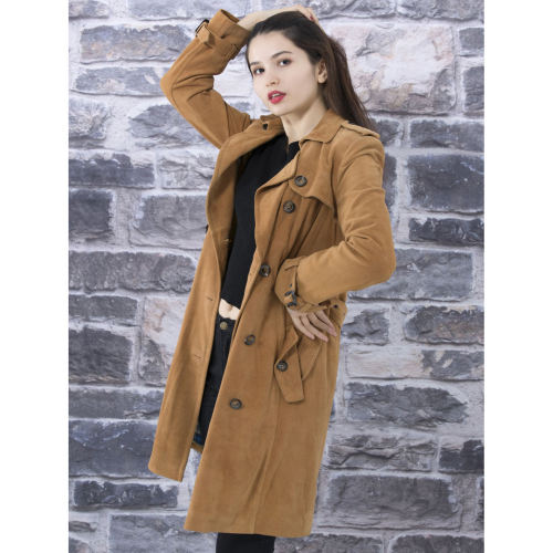 Trench-coat OEM marron pour femme | Veste en cuir suédé | Trench-coat marron personnalisé pour femme