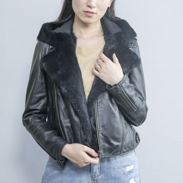 Custom Women Leather Hooded Jackets | Wind Breaker Jacket Rabbit Fur Hood And Collar For Women