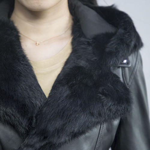 Vestes à capuche en cuir pour femmes personnalisées | Veste Coupe-Vent Capuche Et Col En Fourrure De Lapin Pour Femme