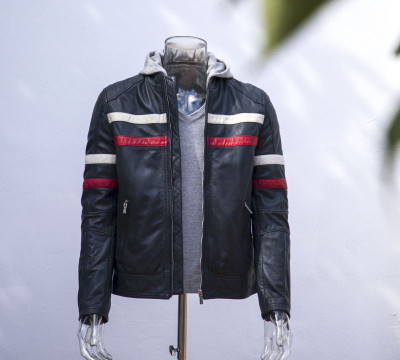 2022 Fall Custom Men's Blue Leather Jacket with Hood|Hot-sales Fashion Hooded Jacket Manufacturer
