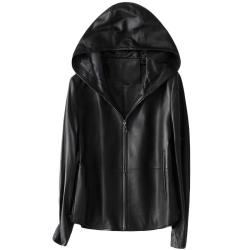 2022 Custom Women's Genuine Leather Jacket With Hood Casual|Black Real Leather Coat for Women