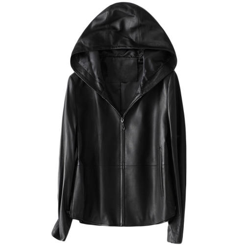2022 Custom Women's Genuine Leather Jacket With Hood Casual|Black Real Leather Coat for Women