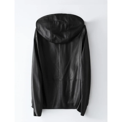 Chaqueta de cuero genuino para mujer personalizada 2022 con capucha Casual|Abrigo de cuero Real negro para mujer