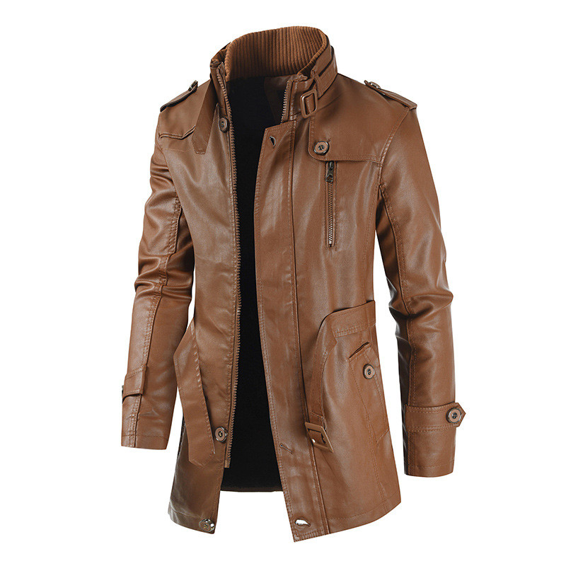 brown leather trench coat