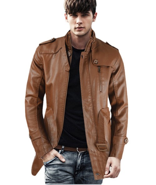 2022 Custom Leather Trench Coat Mens|PU Long Leather Jacket with Velvet|PU Trench Coats Men's Coat