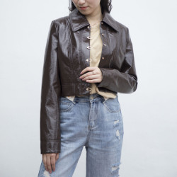 Custom Faux Leather Blazer Women Brown Long Sleeves | Fashion Ladies| Turndown Collar