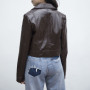 Blazer de piel sintética personalizada para mujer, marrón, manga larga | Damas de moda| Cuello vuelto