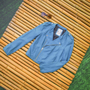 Giacca da motociclista in pelle blu da donna corta di vendita calda|Produttore di giacche in pelle di alta qualità