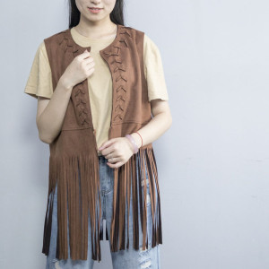 Veste en cuir suédé marron pour femmes populaires avec pompon | Fabricant de vestes en cuir au design tendance