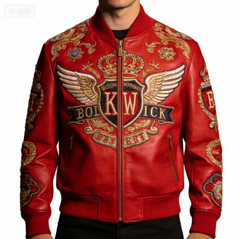 Source Factory Custom Red Color Lambskin Applique Embroidery Jacket OEM Low MOQ Plus Size Men's Genuine Leather Varsity Jacket