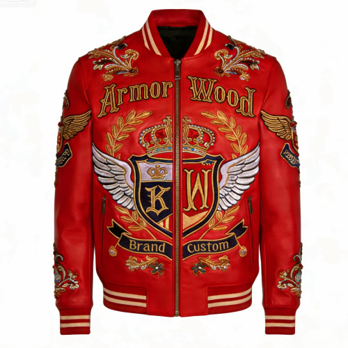 Source Factory Custom Red Color Lambskin Applique Embroidery Jacket OEM Low MOQ Plus Size Men's Genuine Leather Varsity Jacket