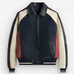 Custom Made Basket Player Style Breathable Patchwork Genuine Leather Bomber Jacket for Men Embroidered With Patch Design