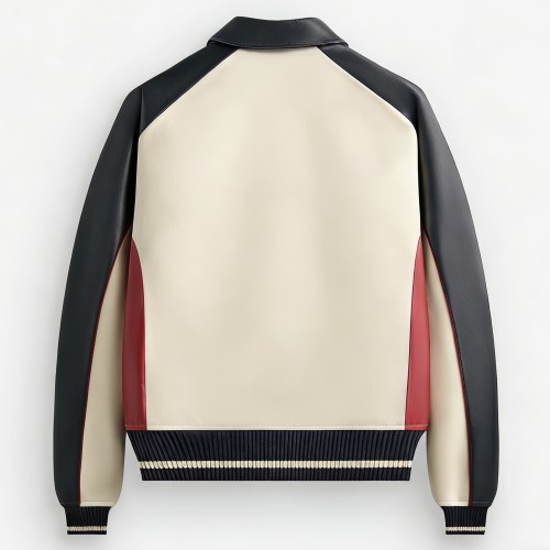 Custom Made Basket Player Style Breathable Patchwork Genuine Leather Bomber Jacket for Men Embroidered With Patch Design