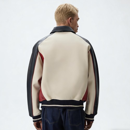 Custom Made Basket Player Style Breathable Patchwork Genuine Leather Bomber Jacket for Men Embroidered With Patch Design