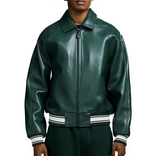 Custom Hunter Green Sheepskin Varsity Coats for Men OEM Lambskin Genuine Leather Jackets Outwear