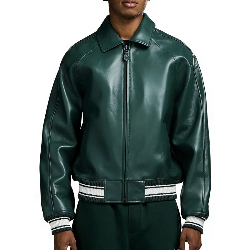 Custom Hunter Green Sheepskin Varsity Coats for Men OEM Lambskin Genuine Leather Jackets Outwear