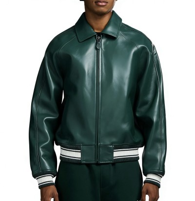 Custom Hunter Green Sheepskin Varsity Coats for Men OEM Lambskin Genuine Leather Jackets Outwear