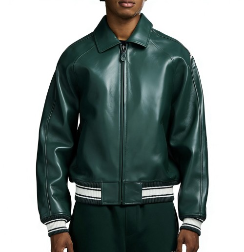 Custom Hunter Green Sheepskin Varsity Coats for Men OEM Lambskin Genuine Leather Jackets Outwear