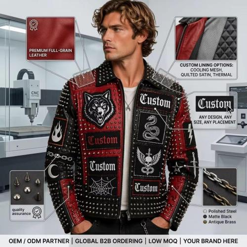 OEM Men's Punk Rock Studded Leather Biker Jacket Wholesale Custom Embroidered Patch Motorcycle Outwear Manufacturer