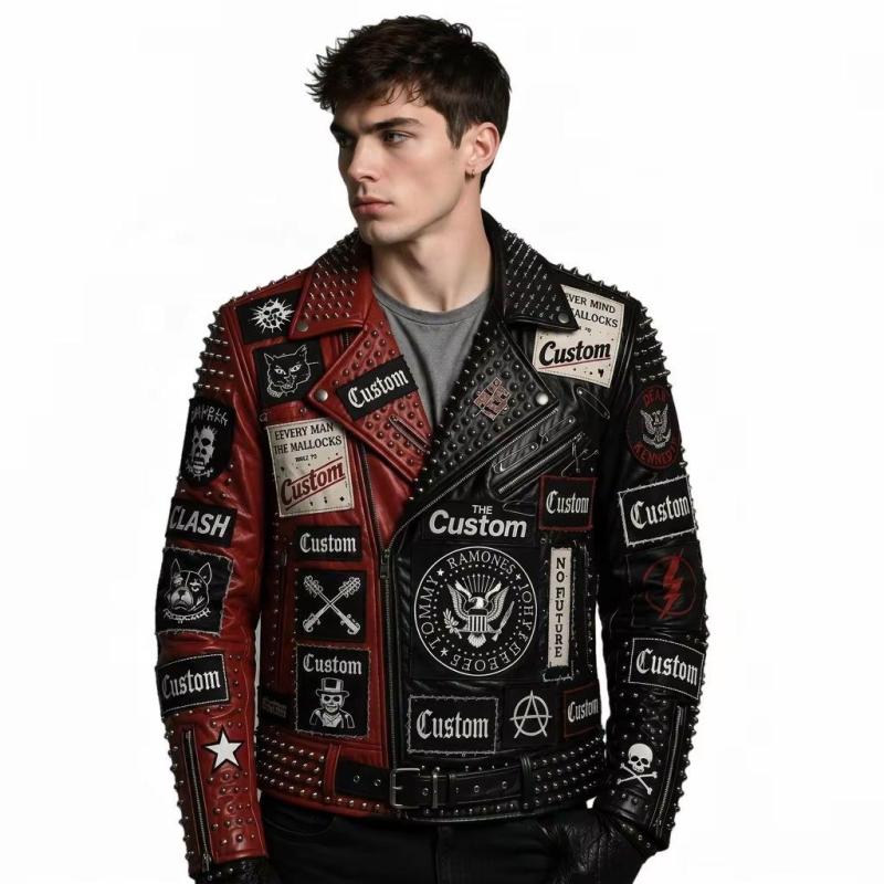OEM Men's Punk Rock Studded Leather Biker Jacket Wholesale Custom Embroidered Patch Motorcycle Outwear Manufacturer