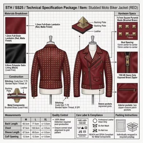 Leather Garments Manufacturer OEM Red Studded Leather Jacket Custom Punk Skull Embroidered Patch Biker Jacket for Men Wholesale