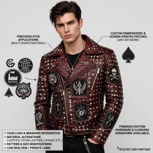 Leather Garments Manufacturer OEM Red Studded Leather Jacket Custom Punk Skull Embroidered Patch Biker Jacket for Men Wholesale