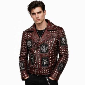 Leather Garments Manufacturer OEM Red Studded Leather Jacket Custom Punk Skull Embroidered Patch Biker Jacket for Men Wholesale