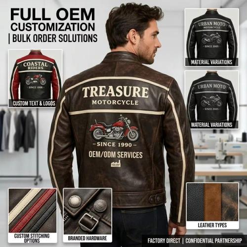 Custom Made Cowhide Riding Uniform Large Back Vintage Bike Applique Patch Vertical Sleeve Letter Embroidery For Motorsport Team Supply