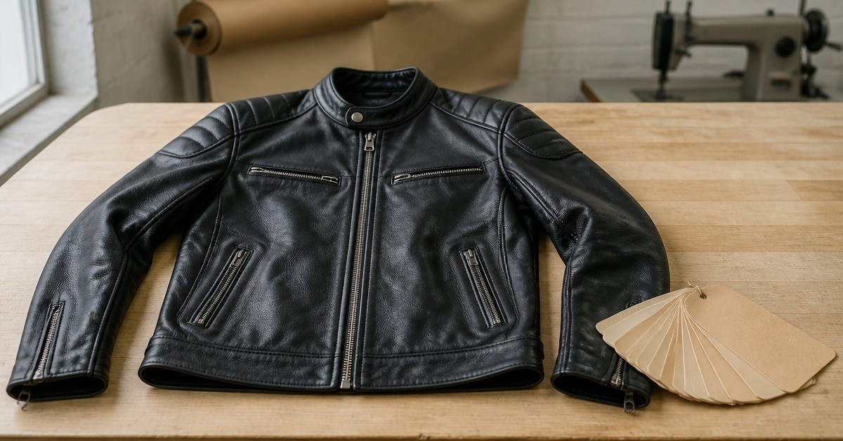 Finished black men's leather jacket laid flat on a cutting table for leather jacket quality inspection