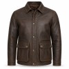 England Plain Waxed Cowhide Leather Jacket for Men, Heavy Topstitching Vintage Hunting Coat