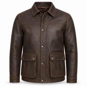 England Plain Waxed Cowhide Leather Jacket for Men, Heavy Topstitching Vintage Hunting Coat