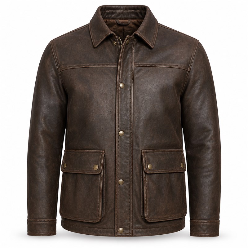 England Plain Waxed Cowhide Leather Jacket for Men, Heavy Topstitching Vintage Hunting Coat