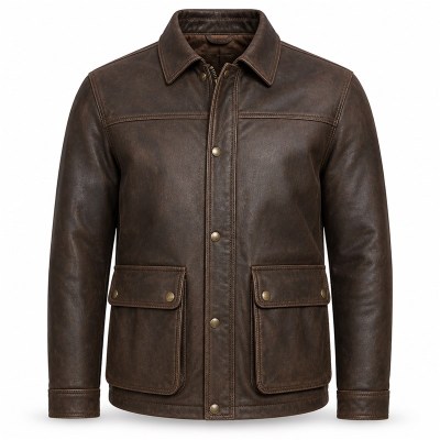 England Plain Waxed Cowhide Leather Jacket for Men, Heavy Topstitching Vintage Hunting Coat