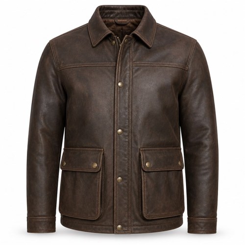 England Plain Waxed Cowhide Leather Jacket for Men, Heavy Topstitching Vintage Hunting Coat
