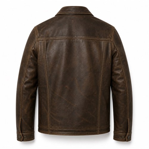 England Plain Waxed Cowhide Leather Jacket for Men, Heavy Topstitching Vintage Hunting Coat