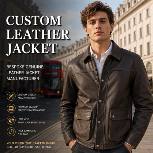 England Plain Waxed Cowhide Leather Jacket for Men, Heavy Topstitching Vintage Hunting Coat