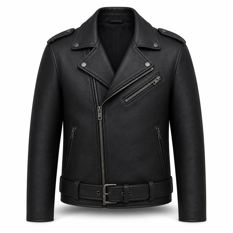 Men's Full Grain Black Cowhide Leather Jacket, Vintage Biker Style with Small Badge Detail