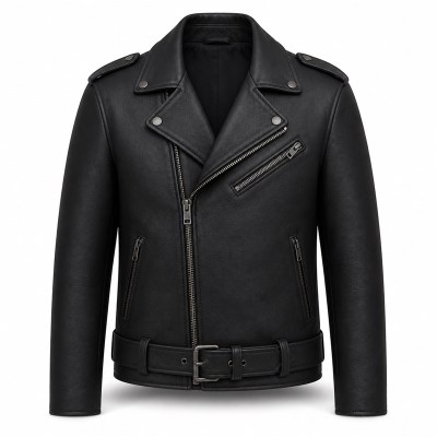 Men's Full Grain Black Cowhide Leather Jacket, Vintage Biker Style with Small Badge Detail